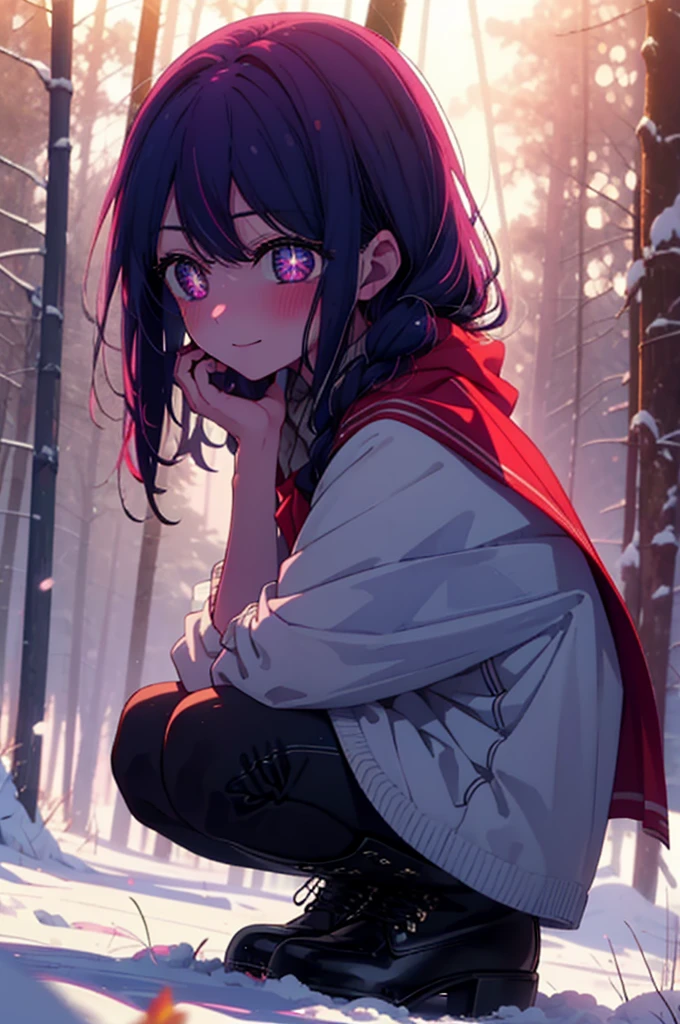 aihoshino, Ai Hoshino, Long Hair, bangs, (Purple eyes:1.1), Purple Hair, (Symbol-shaped pupil:1.5), smile,,smile,blush,white breath,
Open your mouth,snow,Ground bonfire, Outdoor, boots, snowing, From the side, wood, suitcase, Cape, Blurred, , forest, White handbag, nature,  Squat, Mouth closed, Cape, winter, Written boundary depth, Black shoes, red Cape break looking at viewer, Upper Body, whole body, break Outdoor, forest, nature, break (masterpiece:1.2), Highest quality, High resolution, unity 8k wallpaper, (shape:0.8), (Beautiful and beautiful eyes:1.6), Highly detailed face, Perfect lighting, Highly detailed CG, (Perfect hands, Perfect Anatomy),