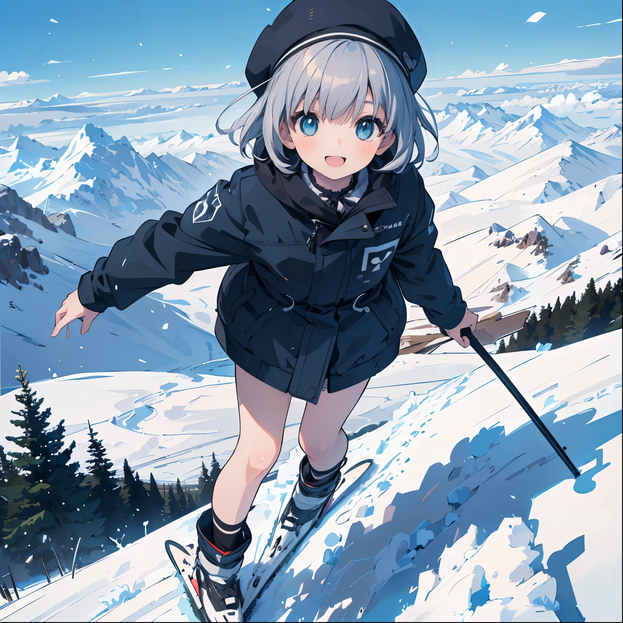 (masterpiece:1.2), (Highest quality:1.2), Ultra-high resolution, Very detailed, Perfect lighting, ((Anime girl skiing)), whole body,smile,Mouth open,Surreal Girl, (Lolita,boyish , 13 years old:1.3),The charm of androgyny, (Gray Hair),Fine and beautiful eyes, Well-proportioned iris and pupil, Expressive eyes, Beautiful and detailed lips, High resolution detailed hair, Ski wear,Skis、stick、Snow Mountain,from above, Gweiz-style artwork, Makoto Shinkai'Art Style, Portrait of Rofi, Digital anime art, Makoto Shinkai style, LOFI Girl, Anime style illustrations, ロフィArt Style, Anime illustration