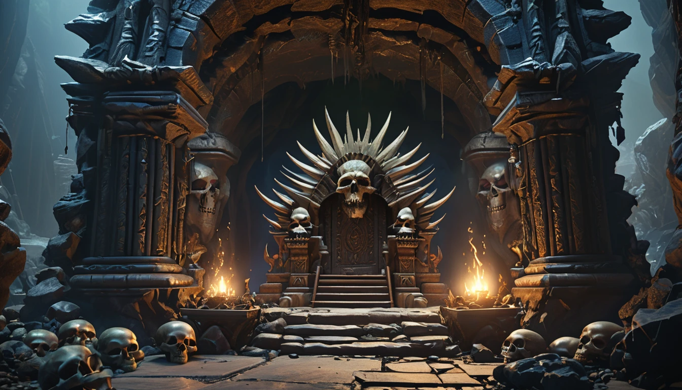 (best quality,4k,8k,highres,masterpiece:1.2),ultra-detailed,(realistic,photorealistic,photo-realistic:1.37),((goblin king throne)), ((goblin lair: 1.5)), ((cave, obsidian cavern)), ((scratch banner)), ((totem, tribal, skulls, spikes)), dark :1.4, general shot,dark,ominous atmosphere,dramatic lighting,cold color palette,demonic energy emanating,powerful presence,ethereal beauty,herculean strength,captivating,unsettling presence,haunting and mesmerizing,horrifyingly enchanting