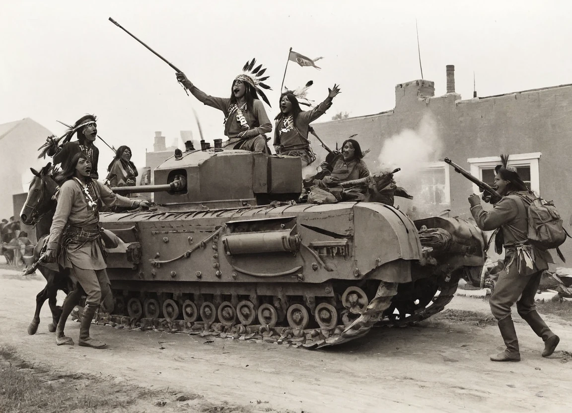 chrchltnk, A group of mounted Indians attacking a tank