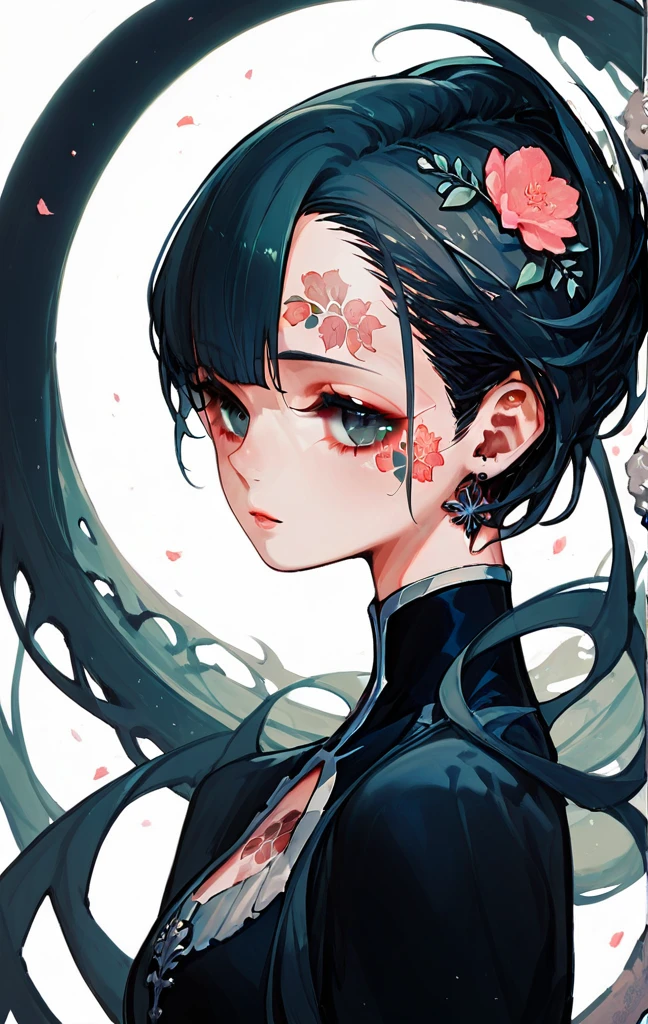 A stunning anime girl with an intricate floral tattoo on her neck, exuding elegance and beauty.,in the style of neon realism, dark pink and light black, gothic art nouveau, anime-inspired character designs, dark white and indigo, bold yet graceful, cyberpunk manga, detailed costumes
