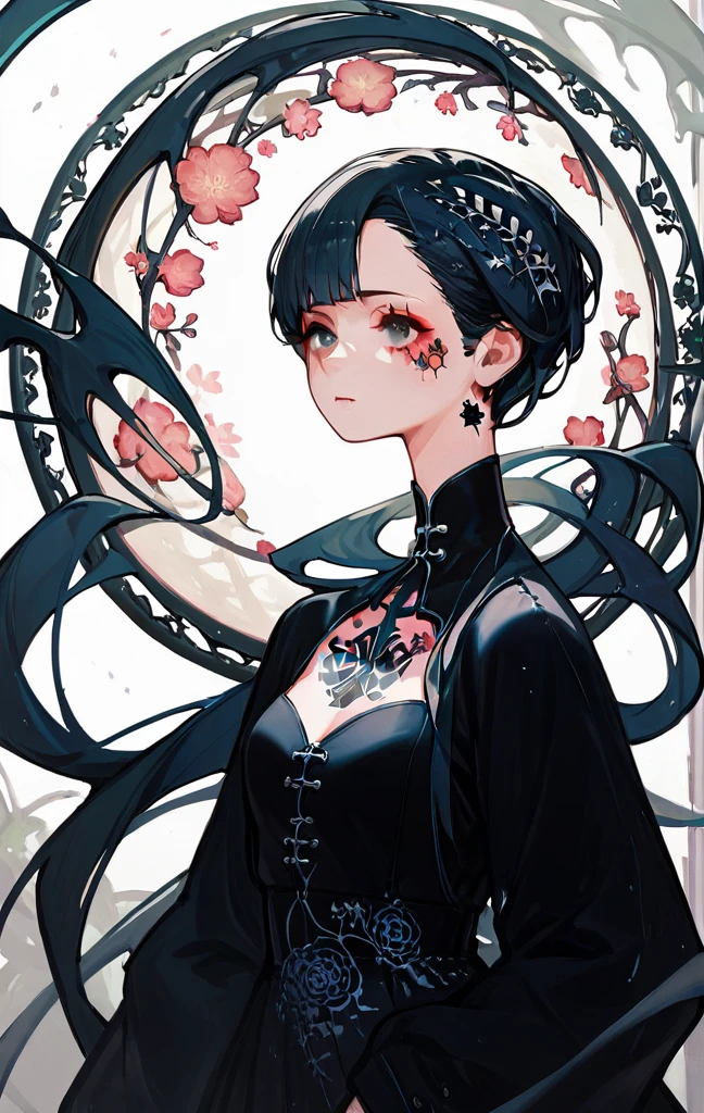 A stunning anime girl with an intricate floral tattoo on her neck, exuding elegance and beauty.,in the style of neon realism, dark pink and light black, gothic art nouveau, anime-inspired character designs, dark white and indigo, bold yet graceful, cyberpunk manga, detailed costumes