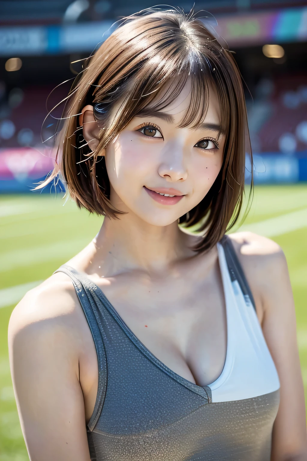 (((Close-up of face)))、(((Absolutely shoulder-length brown very short hair)))、(((Posing with the alleys of a Spectators at a soccer match at the Olympic Stadium in the background)))、(Standing in a packed auditorium), (((She is wearing clothes suitable for early summer)))、(Natural laughter:1.25)、 (((very cute Japanese actress))), (18 year old girl)、Standing Alone、Looking forward、Light eye makeup、Brown Hair Color、Flat and 、Hair blowing in the wind、Actress Quality、Glossy, ultra-realistic face、Smiling face、Watery eyes、large breasts, Cleavage, Facing forward and looking at the camera、Subtle lighting effects、 Ultra-Realistic Capture、Very detailed、High resolution 16K close up of human skin。Skin texture must be natural、The details must be such that pores can be clearly seen、The skin is healthy、Uniform tone、Use natural light and colors、A worn-out, high-quality photo taken by a model agency's in-house photographer.、smile、(((SIGMA 300 mm F/1.4,1/1000 sec shutter,ISO 400)))、The background is F-stop 1..4 is blurred
