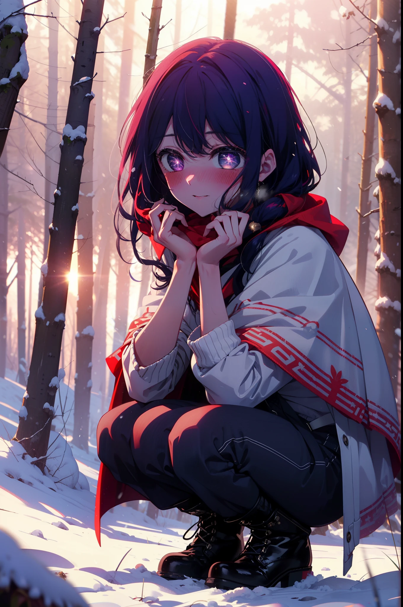 aihoshino, Ai Hoshino, Long Hair, bangs, (Purple eyes:1.1), Purple Hair, (Symbol-shaped pupil:1.5), smile,,smile,blush,white breath,
Open your mouth,snow,Ground bonfire, Outdoor, boots, snowing, From the side, wood, suitcase, Cape, Blurred, , forest, White handbag, nature,  Squat, Mouth closed, Cape, winter, Written boundary depth, Black shoes, red Cape break looking at viewer, Upper Body, whole body, break Outdoor, forest, nature, break (masterpiece:1.2), Highest quality, High resolution, unity 8k wallpaper, (shape:0.8), (Beautiful and beautiful eyes:1.6), Highly detailed face, Perfect lighting, Highly detailed CG, (Perfect hands, Perfect Anatomy),