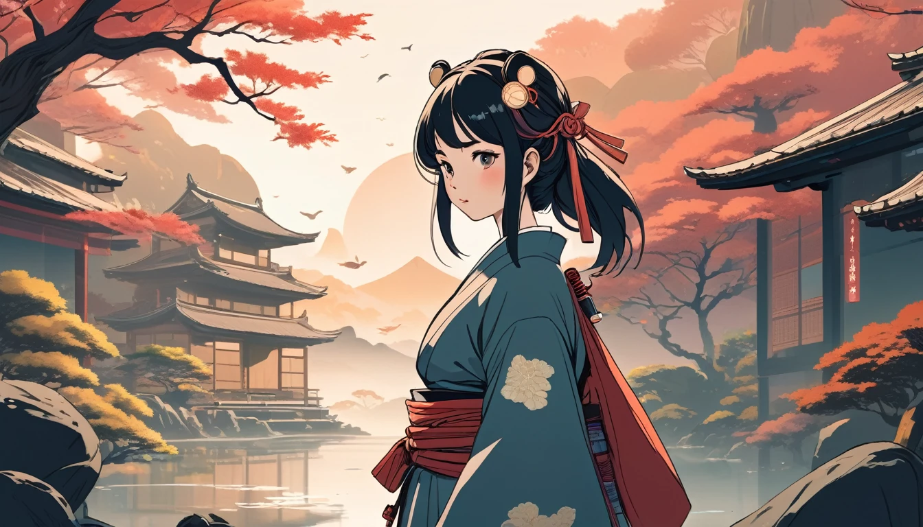 Female samurai, Wide-angle lens, Lofi Anime, Lofi illustration, Aesthetic atmosphere, Lo-Fi Style, Vector art, Flat Design, Simple shape, Warm tones, Pleasant atmosphere, Chill, In anime style, Digital drawing, Vector art, Vector logo for t-shirt printing, (Adorable:1.5), (small:1.4), (Playful:1.2), (soft:1.3), (Whimsical:1.1), masterpiece, Highest quality, 8k, Intricate details, grow, Celestial, Mysterious, Picturesque, amazing, Majestic, Magic, Fantasy art, Cover art, dream-like