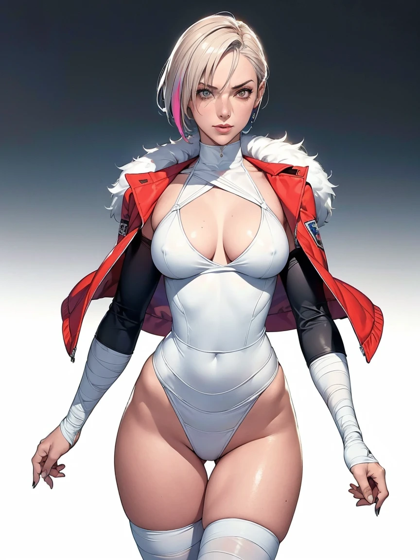 (((Annie Lennox))), (((colorful suit))), (scars), (((bandaged arms))), (((colorful clothes))) (( hood)), (((best quality: 1.4))), (Unbeatable masterpiece), (hyper HD),(CG 8k hyper-realistic), brave face, ((( big))), (((hyper feminine))), sexly g, black tattoo,（ultra short red hair with white highlights)), ((( sculptural body ))), (((1 Kizi))), Kizi tatuada de 25 anos com pect body,,Beautiful and well-groomed face,muscular body:1.2,solid color detailed jacket, (Head to thigh photos)， Complex equipment, ，Tight clothes，With white stars and off-white stripes,,,,,Armor Metal Electronic Parts, Poison tattoos ) INFO, Kizi, (((standing alone))), , 24歳, sexy, pose detitude, work of art, dancing, ((slight smile)), post-apocalypse, (((manga style))), bounty hunter, the way you want, perfect body, roupa moderna, advanced technology, white, yellow accent, black, red accent, fur collar jacket, sleeves with vertical striped pattern, background city, (( cowboy shot )). intricate visual, narrow waist, (((wide hips))), wide hips, fit thighs, (((thigh gap))), Thigh gap, background shows a futuristic airplane