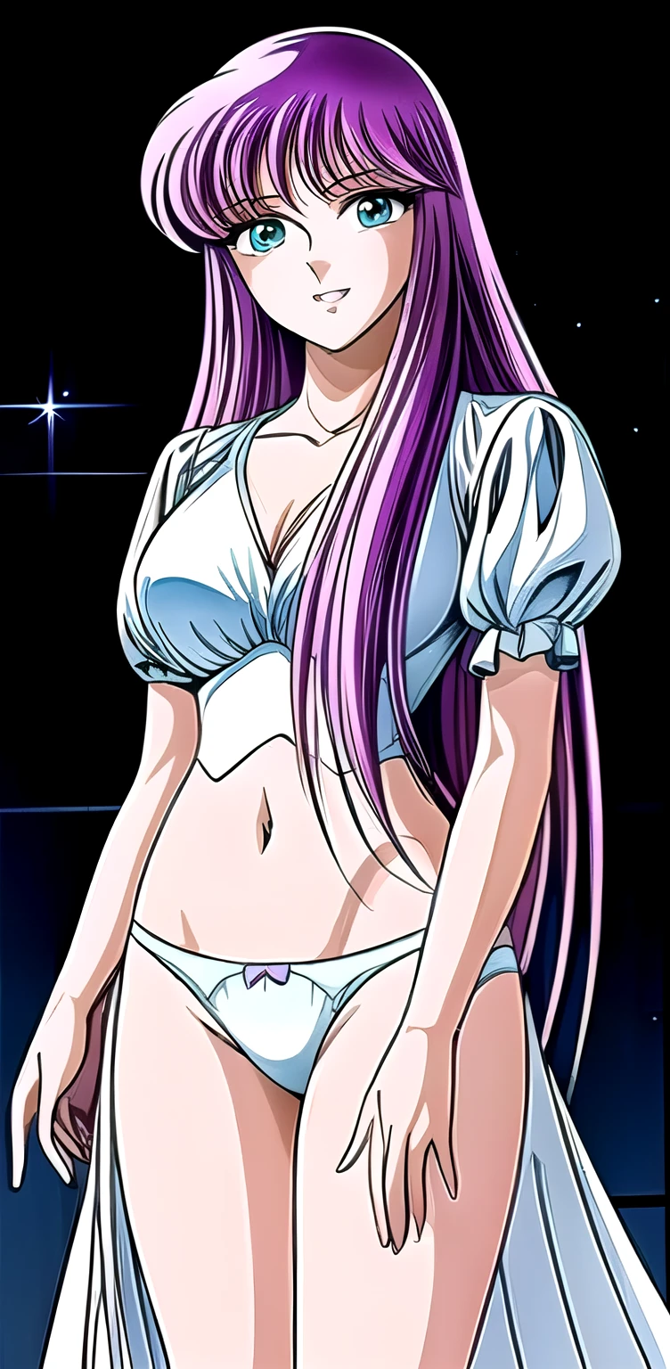 saori face, anime woman in a light blue cute panties posing for a picture, short white blouse, seductive anime woman smiling teeth, purple long hair, turquoise eyes, pink lips, attractive anime woman, beautiful alluring anime woman, beautiful alluring anime woman, smooth anime cg art, beautiful anime woman, photorealistic anime woman render, made with anime painter studio, beautiful anime woman, extremely detailed art, anime best girl, pretty anime girl, exposed belly, shingo araki style
