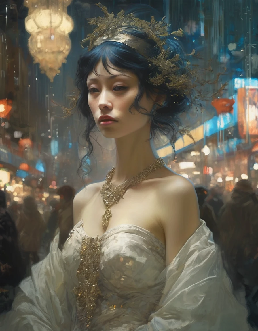 portrait of (ah, Woman) Por Jeremy Mann e Alphonse Mucha. Highly detailed 8k photo realistic portrait photography of an alien in Ayami Kojima style with background scenery made of fractals facing each other looking at the camera wearing couture dress designed to look at Christmas lights photorealism cinematic lighting dramatic atmosphere octane render Unreal Engine 5 quality digital painting bioluminance HD artstation trend in dev