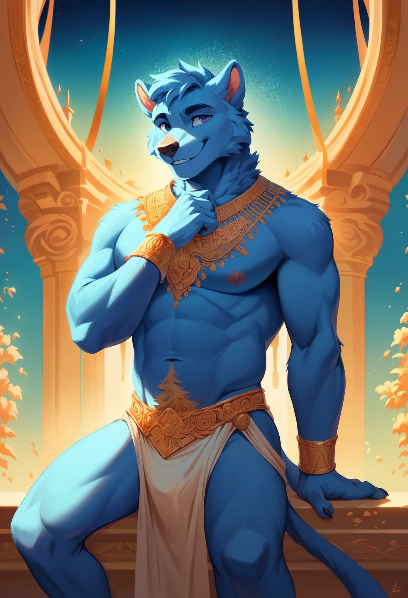 male, ox, hairy, Smile, Blue fur, neutral,  White loincloth，Dynamic Lighting, illustration, beautiful, particle (high quality,4K,8K,high resolution,masterpiece:1.2), Extremely detailed, Impressionism:rich and colorful,