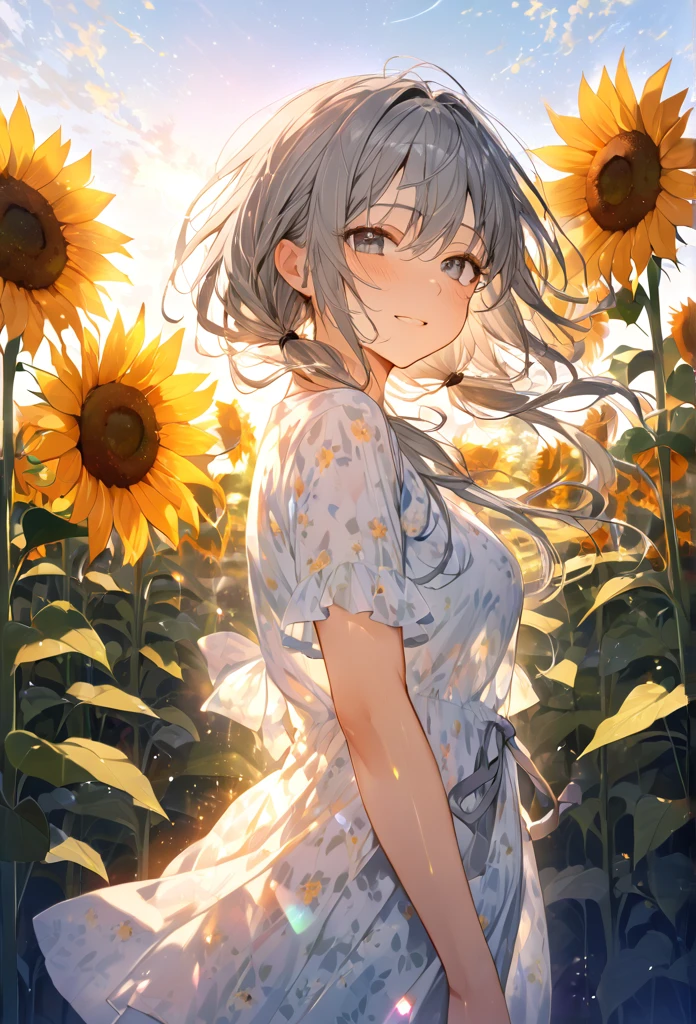 Highest quality　masterpiece　High resolution　Masterpiece Gray Eyes　Low twin tails、casual summer outfit　、flowerpunk、Summer sunflowers、Sparkling light particles、Vivid gradient effect