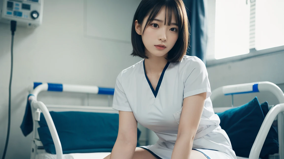 1 girl,(Wearing white nurse clothes:1.2),(RAW Photos, Highest quality), (Realistic, photo-Realistic:1.4), masterpiece, Very delicate and beautiful, Very detailed, 2k wallpaper, wonderful, finely, Very detailed CG unity 8k wallpaper, Very detailed, High resolution, Soft Light, Beautiful detailed girl, Very detailed eyes and face, Beautiful and sophisticated nose, finely beautiful eyes, nurse, Perfect Anatomy, Black Hair, Upstyle, nurse uniform, (Big Breasts), Long skirt, nurse, White costume, thin, hospital, clear, White Uniform, hospital room, Neck auscultation,Bobcut、(((Sit with your knees apart:1.3)))