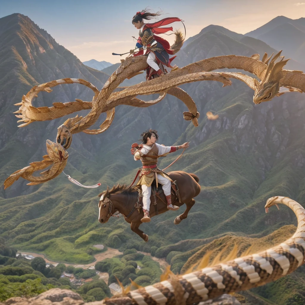 A scene from Japanese mythology in which a young god dressed in ancient clothing and riding a flying horse fights and defeats a giant snake with eight heads bigger than a mountain.