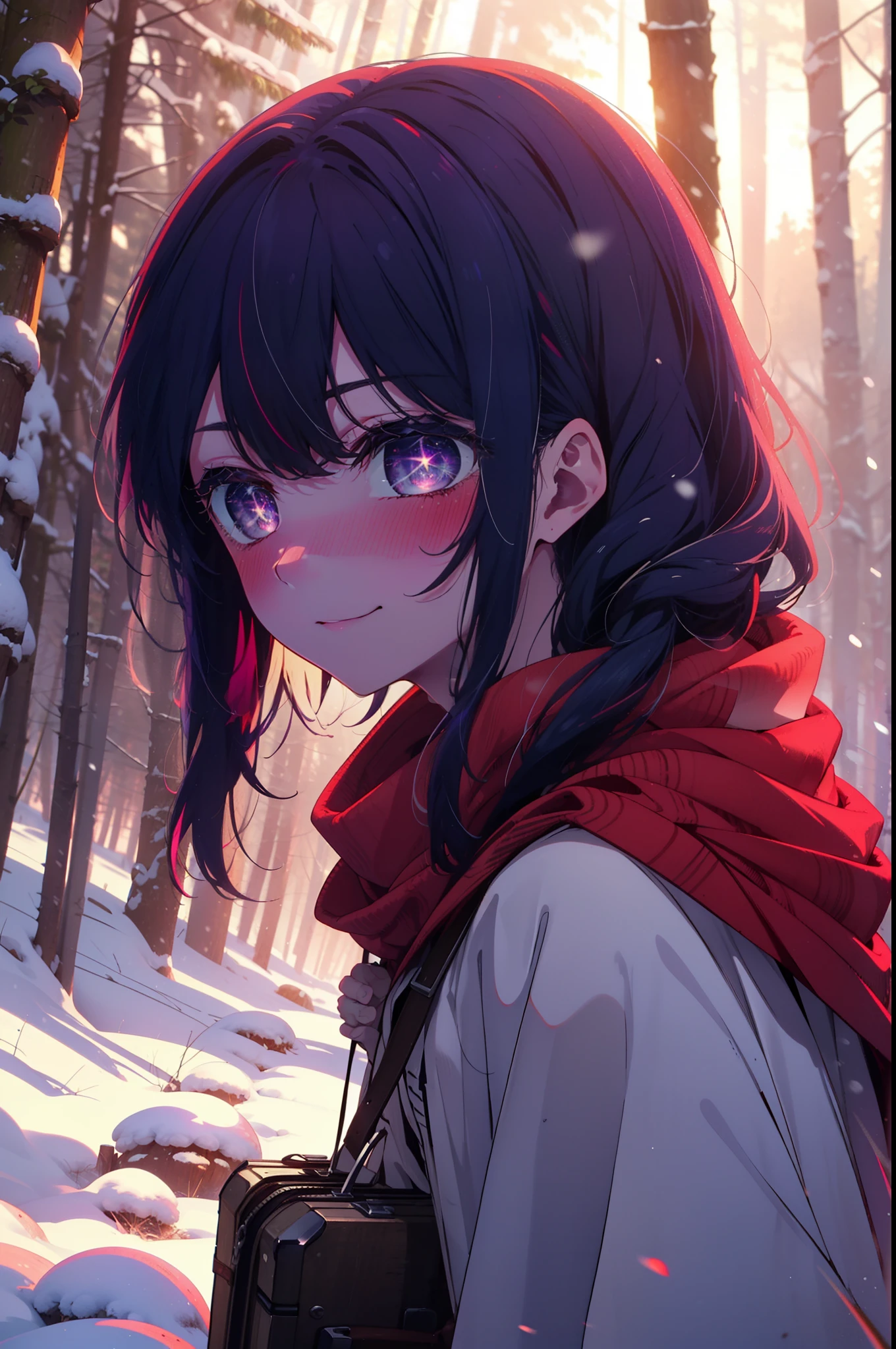 aihoshino, Ai Hoshino, Long Hair, bangs, (Purple eyes:1.1), Purple Hair, (Symbol-shaped pupil:1.5), smile,,smile,blush,white breath,
Open your mouth,snow,Ground bonfire, Outdoor, boots, snowing, From the side, wood, suitcase, Cape, Blurred, , forest, White handbag, nature, Squat, Mouth closed, Cape, winter, Written boundary depth, Black shoes, red Cape break looking at viewer, Upper Body, whole body, break Outdoor, forest, nature, break (masterpiece:1.2), Highest quality, High resolution, unity 8k wallpaper, (shape:0.8), (Beautiful and beautiful eyes:1.6), Highly detailed face, Perfect lighting, Highly detailed CG, (Perfect hands, Perfect Anatomy),