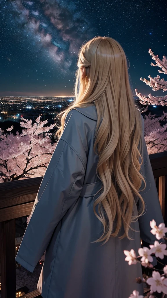1people々々々々々々々々々々,long blond hair,long coat,silhouette, back view,space sky, Milky Way, animated style, Cherry blossoms,夜Cherry blossoms,辺り一面に舞うCherry blossoms吹雪,Night view of the city from the mountainside.,