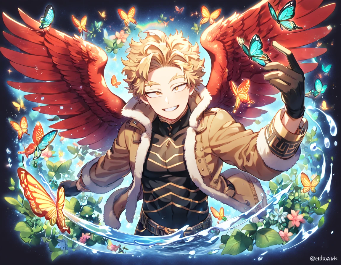 absurdres, highres, ultra detailed, HDR, master piece, best quality, extremely detailed face, Hawks, ash-blonde hair, expressive golden brown eyes, faint stubble, Boku No Hero Academia, solo, sexy man, handsome, handsome smile, red wings, brown jacket with fur, black tight shirt with patterns, black gloves, fantasy, magical, butterflies, summer, green leaves, flowers, water