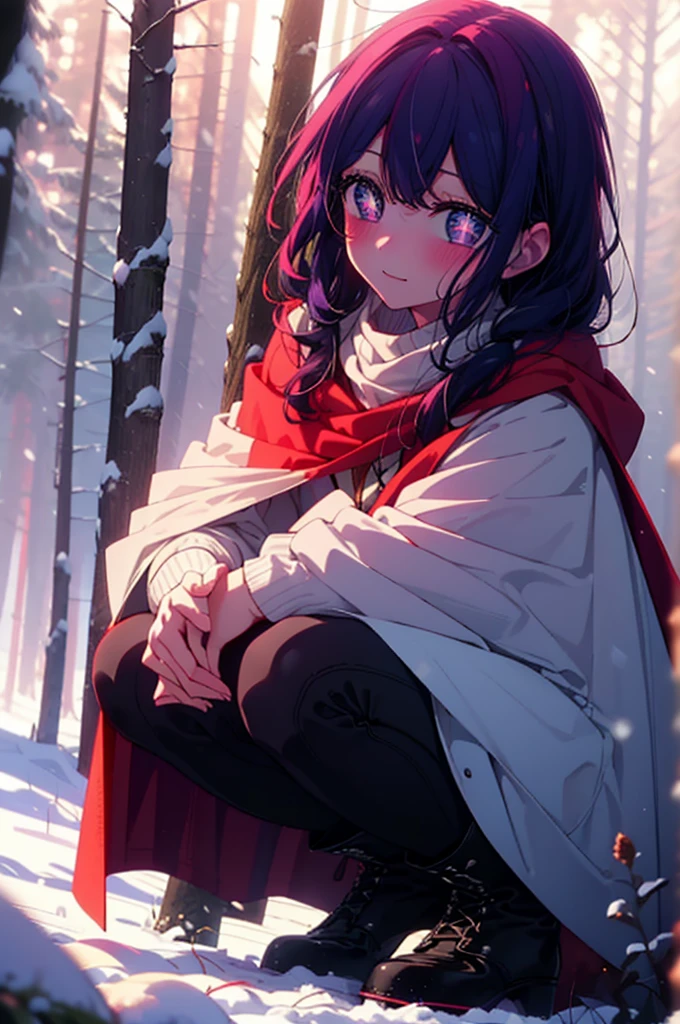 aihoshino, Ai Hoshino, Long Hair, bangs, (Purple eyes:1.1), Purple Hair, (Symbol-shaped pupil:1.5), smile,,smile,blush,white breath,
Open your mouth,snow,Ground bonfire, Outdoor, boots, snowing, From the side, wood, suitcase, Cape, Blurred, , forest, White handbag, nature,  Squat, Mouth closed, Cape, winter, Written boundary depth, Black shoes, red Cape break looking at viewer, Upper Body, whole body, break Outdoor, forest, nature, break (masterpiece:1.2), Highest quality, High resolution, unity 8k wallpaper, (shape:0.8), (Beautiful and beautiful eyes:1.6), Highly detailed face, Perfect lighting, Highly detailed CG, (Perfect hands, Perfect Anatomy),