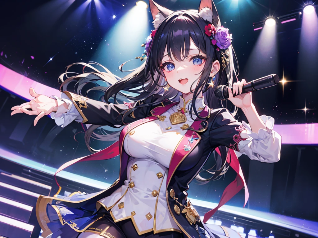 masterpiece, masterpiece_portrait, distinct, distinct_image, high_resolution, highres, high_quality_anime, high_quality, hyper_detail, finely_detailed,4K, YUJU, GFRIEND, KPOP , sexy body, ((black hair)), blue eyes, smile, happy, KPOP idol singer costume, Singing and dancing on a fancy broadcasting station stage, (((holding a white microphone in his hand)))
