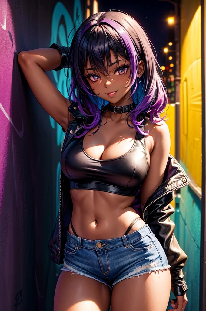 1 girl, anime style, dark skin, black woman, beautiful, 18 years, make-up, passionate look, naughty smile, waifu, close-up picture, zoom, portrait, colorful punk style, punk outfit, stylist, purple leather jacket, purple tank top, black jeans shorts, cleavage, fishnet pantyhose, leather gloves, standing, showing body, hands behind her head, posing in a dark alley, colorful graffiti on the walls, colorful walls, soft lighting, nighttime, midnight, ray tracing, award winning, photorealistic, 8k