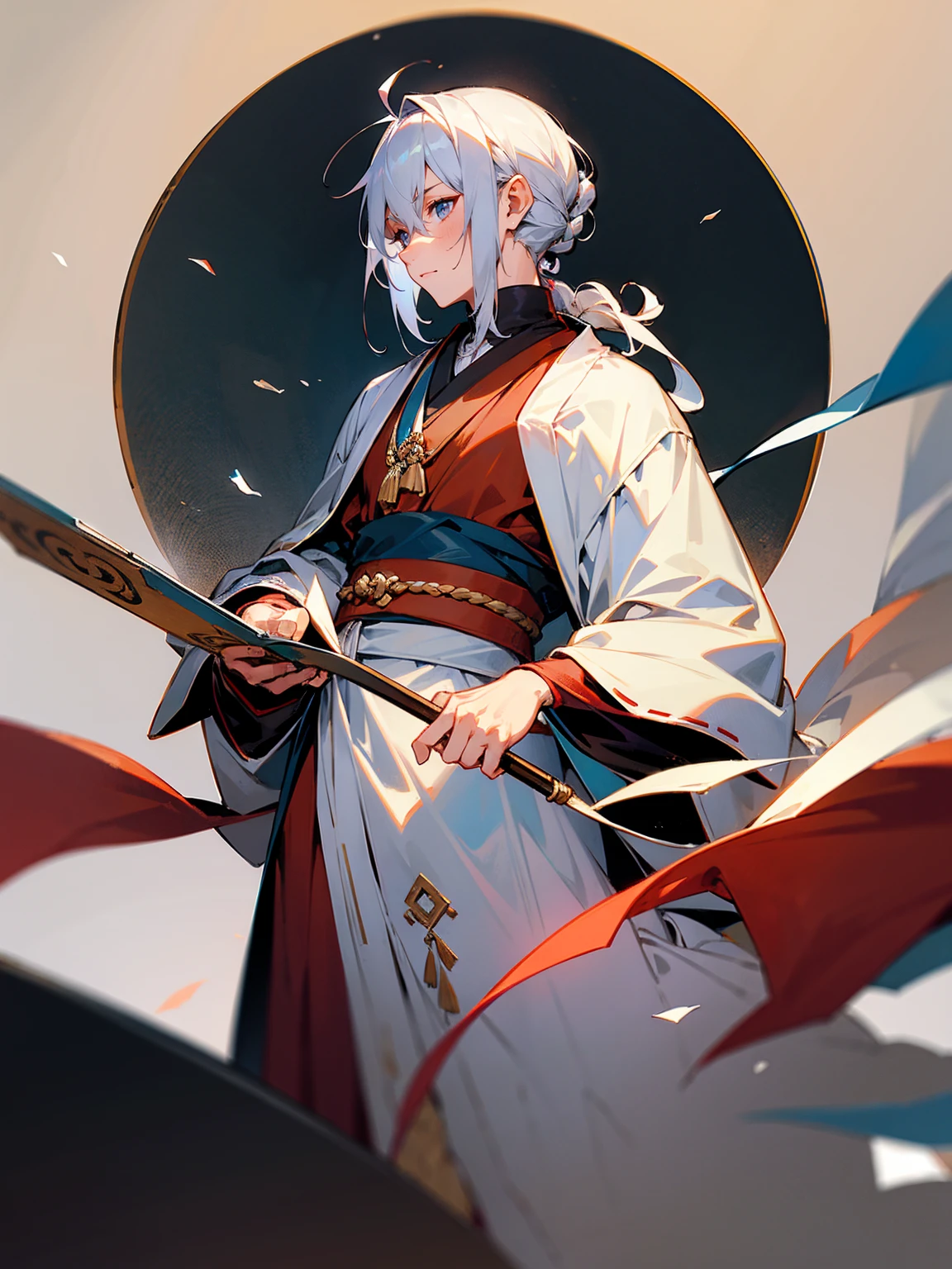 male, silver hair, medium length, scribe, monk robes, writing scrolls, scholarly