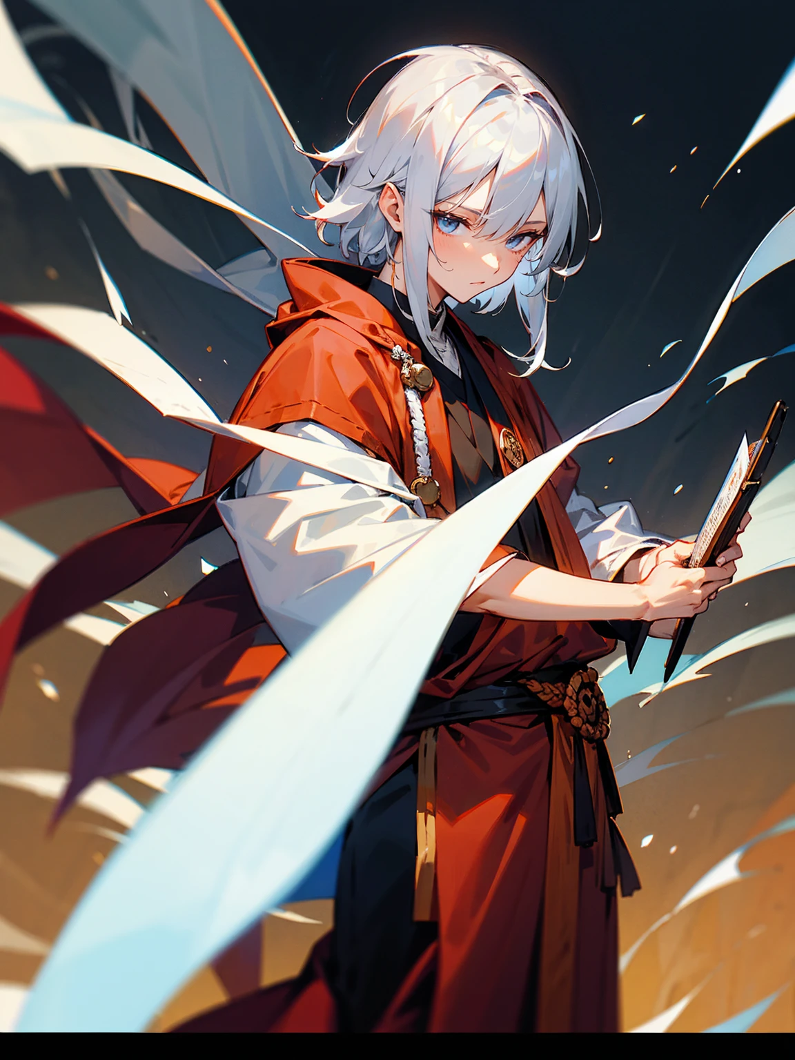 male, silver hair, medium length, scribe, monk robes, writing scrolls, scholarly