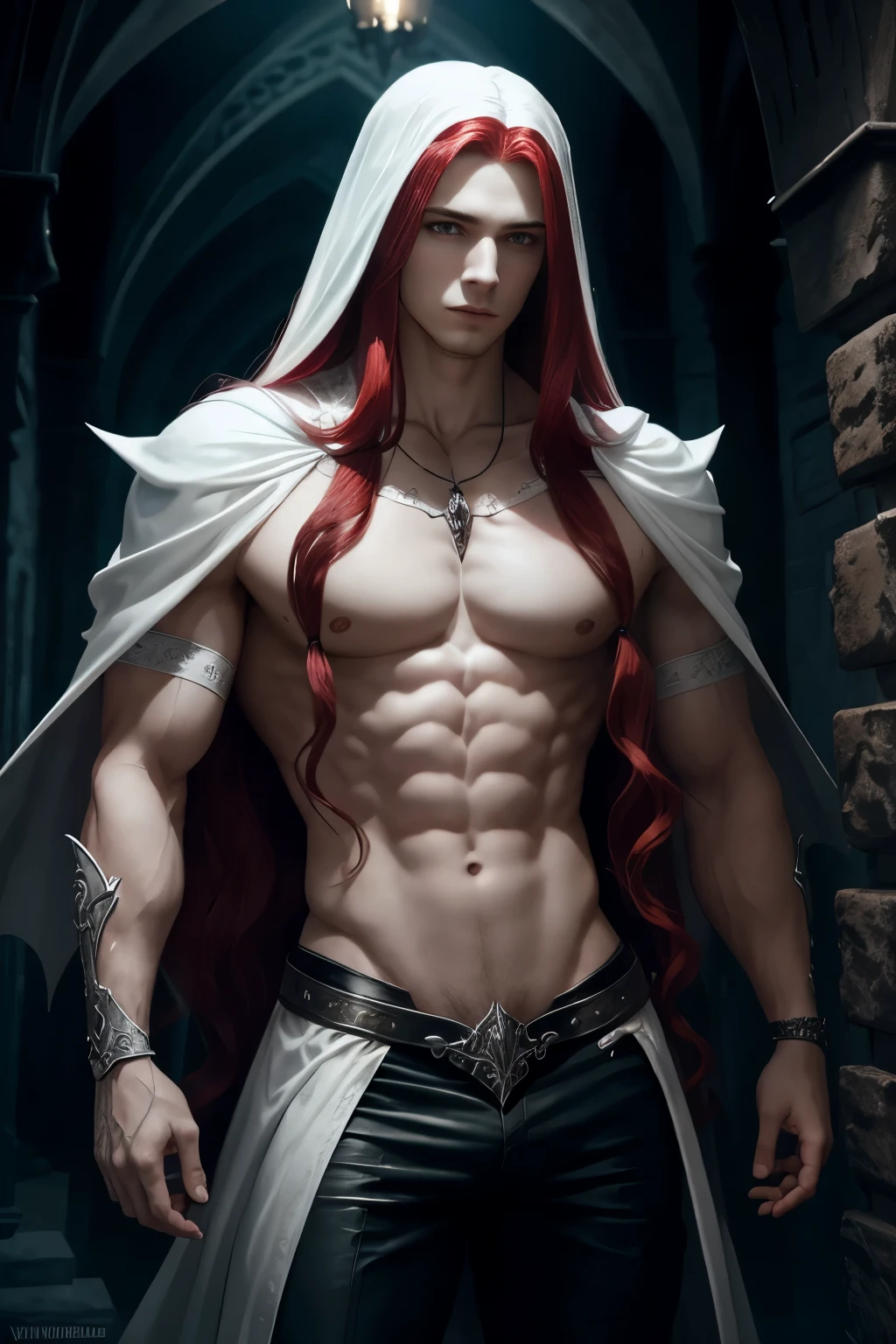 white fantasy, Mediovale, Gothic, vampyre, young guy, with long red hair, strong build, Open chest, High definition