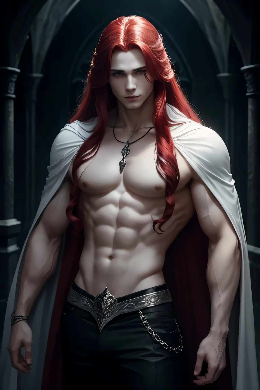 white fantasy, Mediovale, Gothic, vampyre, young guy, with long red hair, strong build, Open chest, High definition