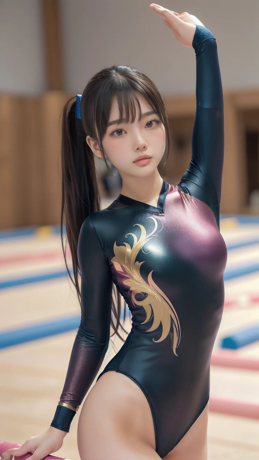 ((indoor, 新Gymnastics competition venues, Gymnastics competition venues:1.3)), (Highly detailed skin, Beautiful realistic face, White skin, Pointed Chest, Small nipples, Accurate anatomy, Realistic eyes, Natural Eyes, Brown eyes, Accurate eye focus, Accurate limbs), (Hyper Realist, Ultra-realistic, 4K, Attention to detail, Ultra-high resolution, Highest quality, masterpiece, Presence, dynamic, Uplifting, bold, Sharpness), (Thinning hair:2, Soft Hair:2, Straight hair:1.5, Long, slicked bangs, Light copper amber hair, Hair on one eye, Twin tail hair), (Female gymnast, Detailed costume, Wearing a long sleeve leotard:1.5), Shiny long sleeve leotard, Metallic colors長袖レオタード, Racing long sleeve leotard, Gymnastics Long Sleeve Leotard, ((High leg long sleeve leotard, Long sleeve leotard with crystal embellishment)), ({Metallic red color| Metallic purple color| Metallic white color| Metallic navy color| Metallic pink color| Metallic gold color| Metallic silver color| Metallic black color| Metallic colors}Long sleeve leotard colors), (Big Breasts:1.5), Tall, Elongated arms and legs, Small waist, Small hips, ((On all fours, Doggy style, I'm sticking my butt up, Sticking out her butt)), Accentuate your buttocks, The long-sleeved leotard is digging into her butt, Full body portrait, Put your chest close, Emphasize the chest, Looking into the camera, smile, barefoot, (Underhair does not grow),