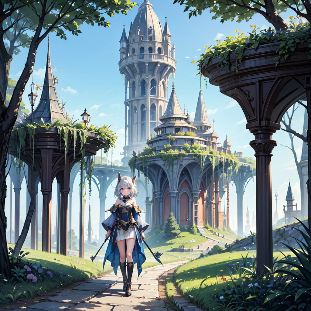 (Full body), solo, 1 beautiful girl wearing fantasy clothes, walkinig in the fantasy world, nature fantasy landcape background, random wearther