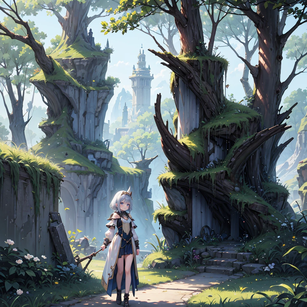 solo, 1 beautiful girl wearing fantasy clothes, walkinig in the fantasy world, nature fantasy landcape background, random wearther