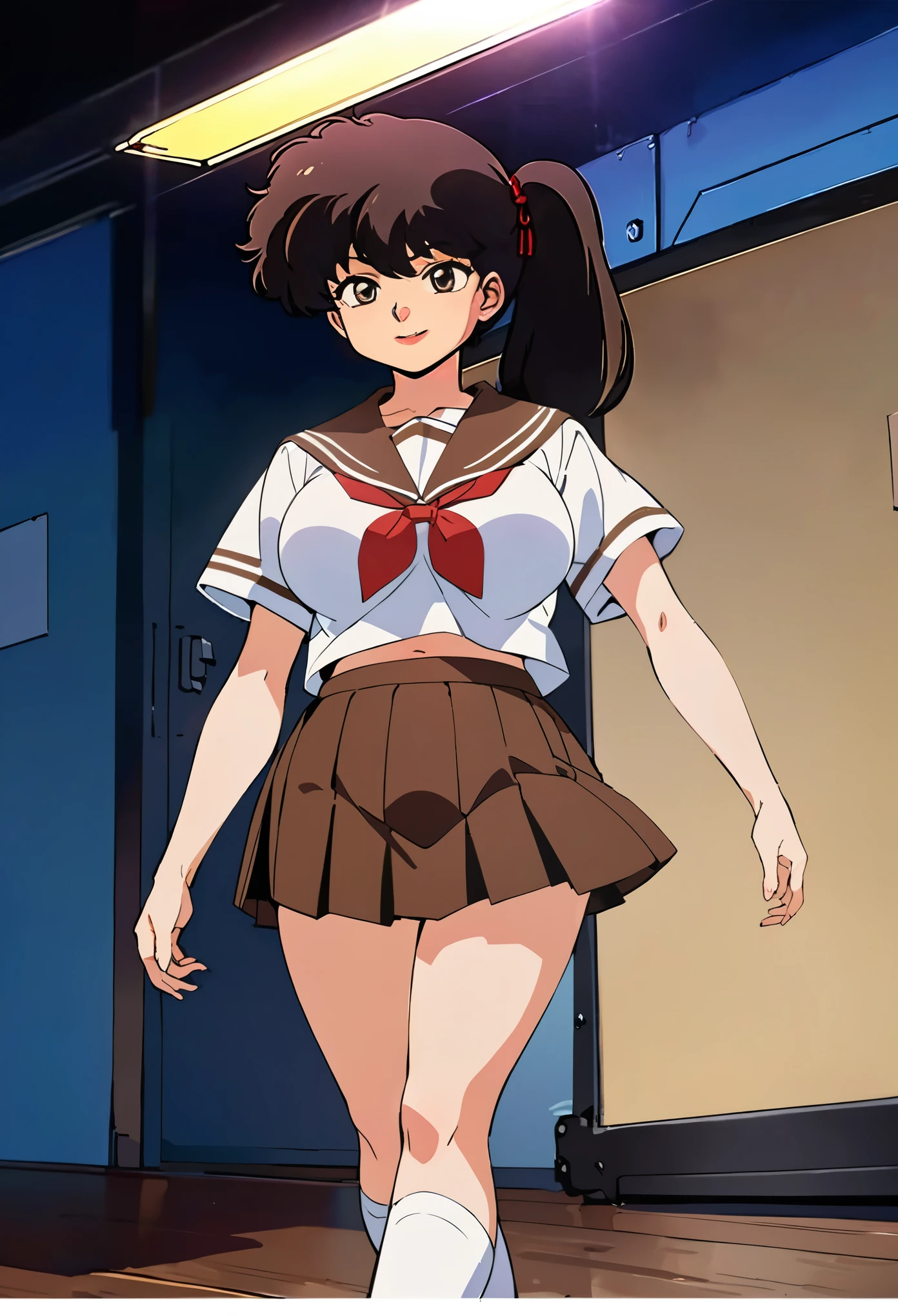 (((masterpiece, Highest quality, case)))), High resolution、1990s、anime cel style, 1 girl,alone, kodachi kuno (************, Long black hair in a side ponytail Japanese school attire(( A short, cream-colored sailor suit,Brown collar、Brown pleated skirt,Alloy white T-shaped, Socks skin color(light brown)))), Huge breasts, Broad shouldered、beautiful girl,Bright smile、White knee-high socks、Put your left foot forward、Detailed skin、Daytime Park、I can see your belly、Curved belly、Three-dimensional