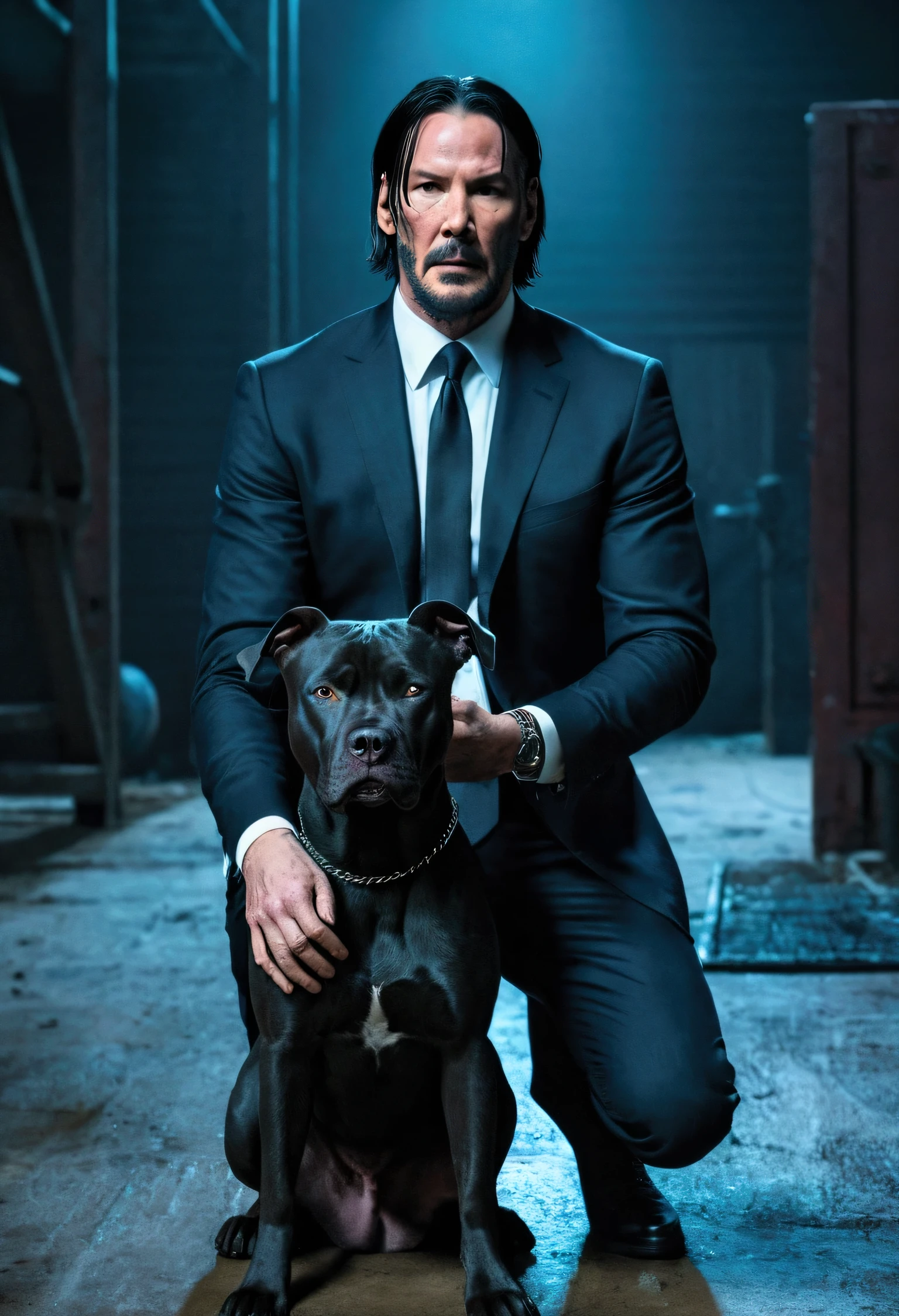 Character from the film John Wick with his black Pitbull dog