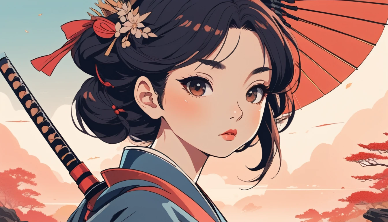 Female samurai, Wide-angle lens, Lofi Anime, Lofi illustration, Aesthetic atmosphere, Lo-Fi Style, Vector art, Flat Design, Simple shape, Warm tones, Pleasant atmosphere, Chill, In anime style, Digital drawing, Vector art, Vector logo for t-shirt printing, (Adorable:1.5), (small:1.4), (Playful:1.2), (soft:1.3), (Whimsical:1.1), masterpiece, Highest quality, 8k, Intricate details, grow, Celestial, Mysterious, Picturesque, amazing, Majestic, Magic, Fantasy art, Cover art, dream-like