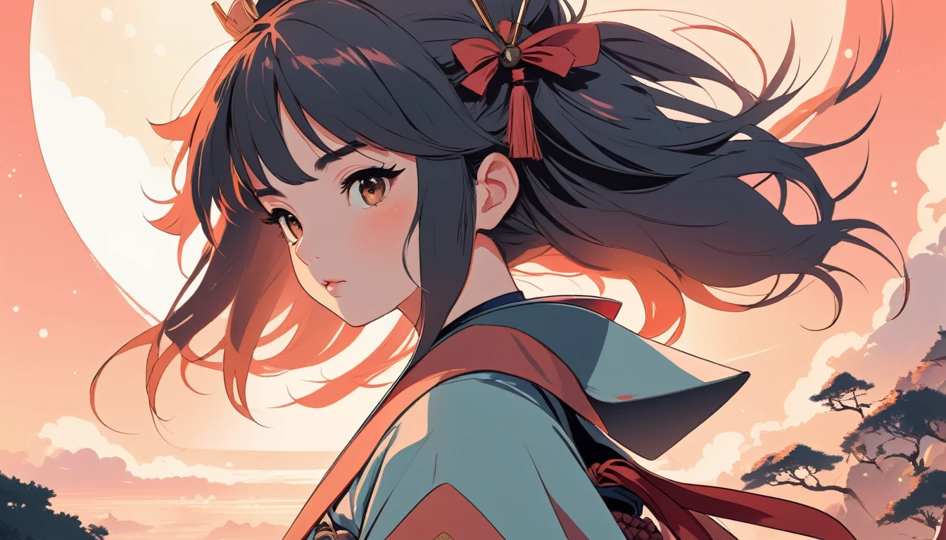 Female samurai, Wide-angle lens, Lofi Anime, Lofi illustration, Aesthetic atmosphere, Lo-Fi Style, Vector art, Flat Design, Simple shape, Warm tones, Pleasant atmosphere, Chill, In anime style, Digital drawing, Vector art, Vector logo for t-shirt printing, (Adorable:1.5), (small:1.4), (Playful:1.2), (soft:1.3), (Whimsical:1.1), masterpiece, Highest quality, 8k, Intricate details, grow, Celestial, Mysterious, Picturesque, amazing, Majestic, Magic, Fantasy art, Cover art, dream-like