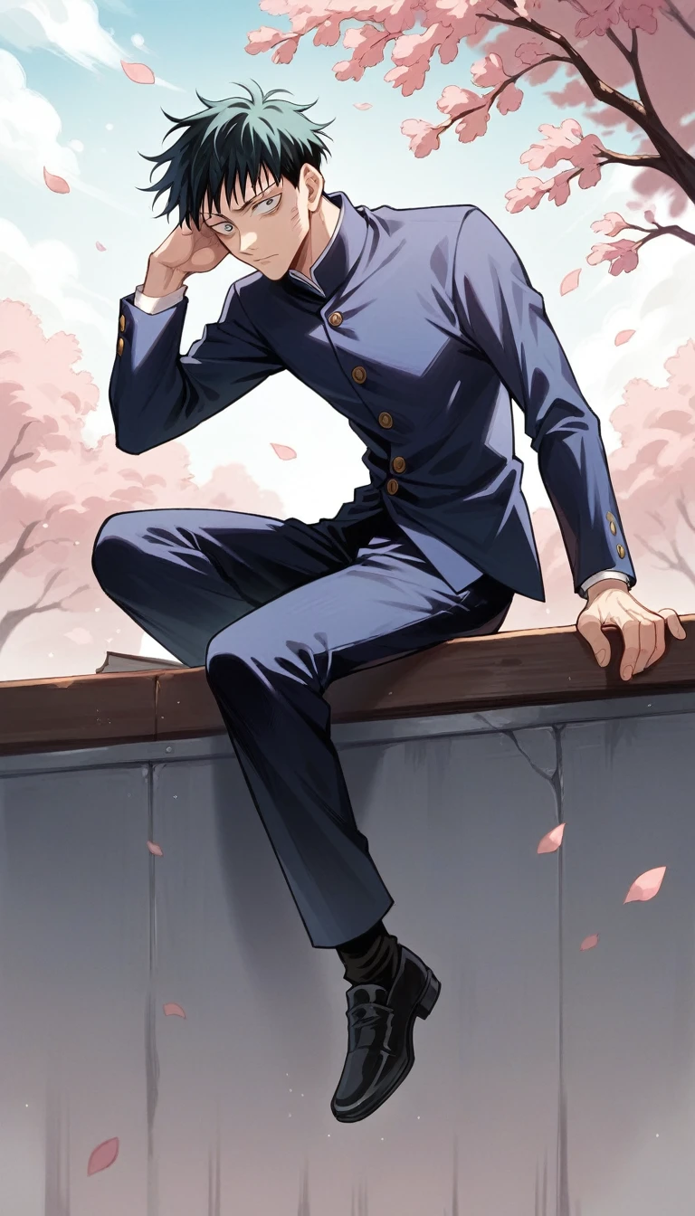 photo of an anime character (jujutsu KAISEN) named "yuta okkotsu" with black hair, and sharp eyes, a "jujutsu kaisen" shirt with buttons on the side, white "black trousers, with the effect of flying cherry blossom petals , and the falling raindrops wet him, and the white sword stuck to his back, he was sitting on the roof tiles while reading a book. along with a realistic rural background.