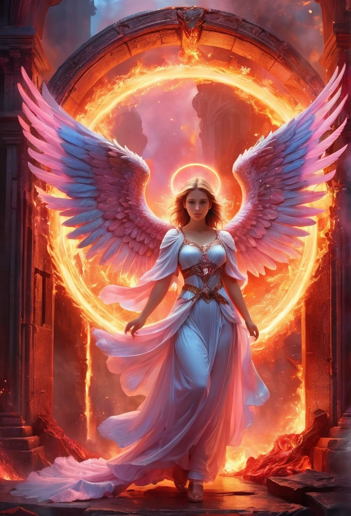 high details, best quality, 16k, [best detailed], masterpiece, best quality, (extremely detailed), a picture of a beautiful female angel, looking through  a magical portal onto hell, the portal has magical pink magical wards  on it, she sees the fiery hell and rolling inferno faize , GlowingRunes_paleblue, GLOWING STYLE, feathered wings