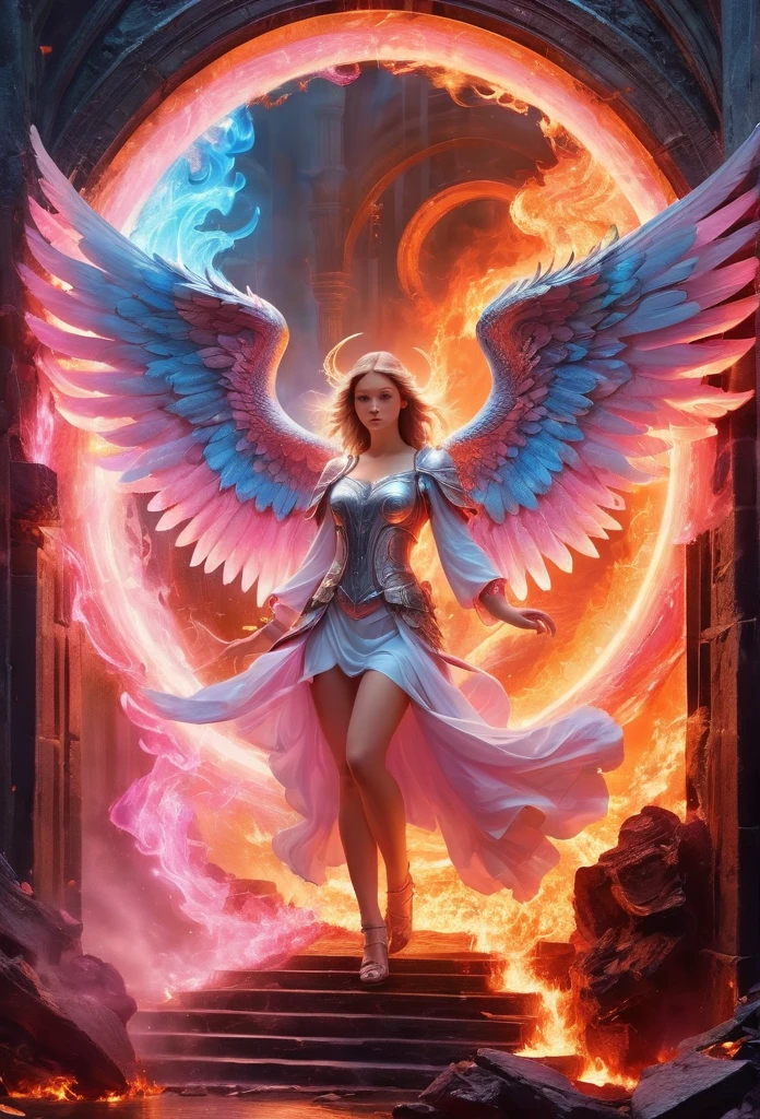 high details, best quality, 16k, [best detailed], masterpiece, best quality, (extremely detailed), a picture of a beautiful female angel, looking through  a magical portal onto hell, the portal has magical pink magical wards  on it, she sees the fiery hell and rolling inferno faize , GlowingRunes_paleblue, GLOWING STYLE, feathered wings