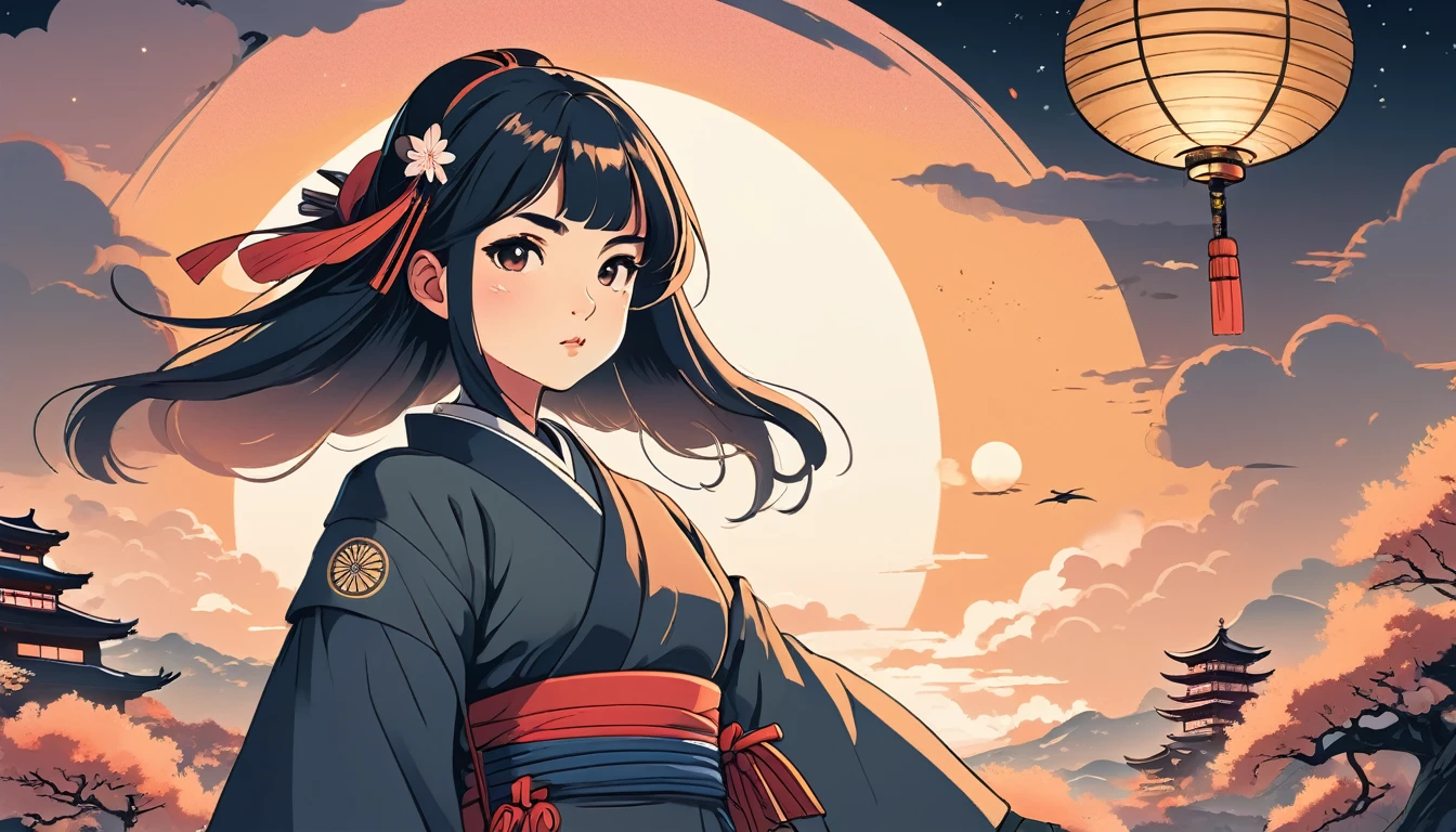 Female samurai, Wide-angle lens, Lofi Anime, Lofi illustration, Aesthetic atmosphere, Lo-Fi Style, Vector art, Flat Design, Simple shape, Warm tones, Pleasant atmosphere, Chill, In anime style, Digital drawing, Vector art, Vector logo for t-shirt printing, (Adorable:1.5), (small:1.4), (Playful:1.2), (soft:1.3), (Whimsical:1.1), masterpiece, Highest quality, 8k, Intricate details, grow, Celestial, Mysterious, Picturesque, amazing, Majestic, Magic, Fantasy art, Cover art, dream-like