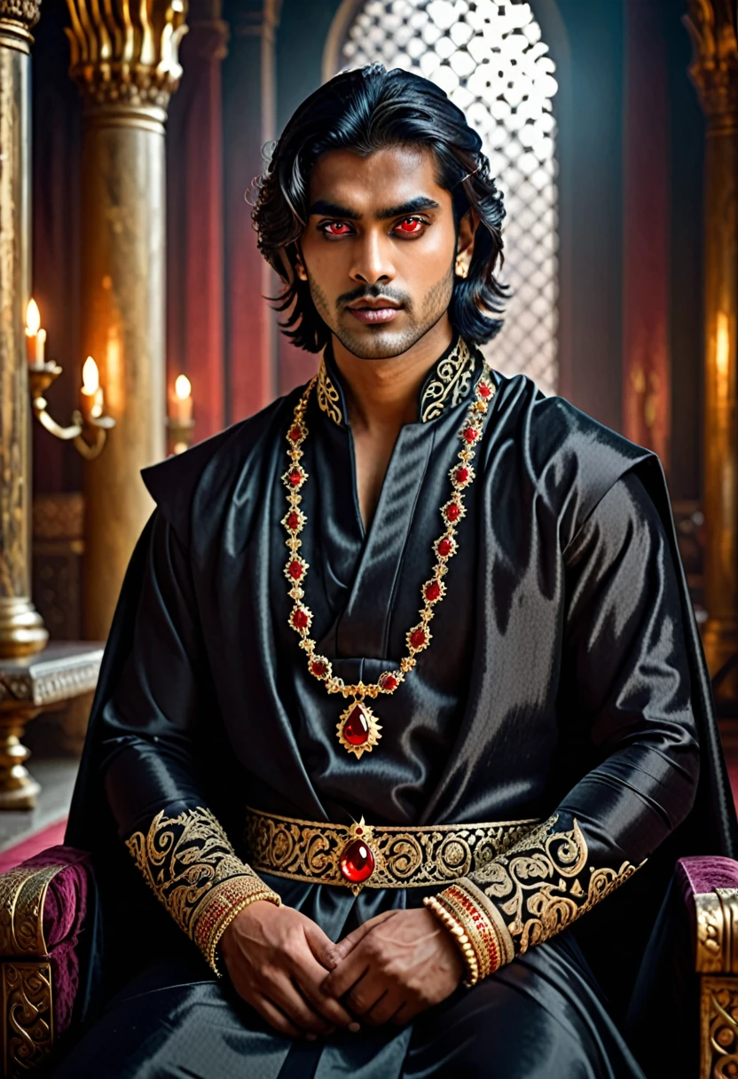 dark, mysterious and dramatic fantasy headshot of a young handsome south asian tyrannical ruler with glowing red eyes wearing black royal robes and ornate jewellery in a menacing dimly lit palace ((work of art)), ((best qualityer:1.2)), high resolution, 8k, (ultra_realisitic:1.3), (photorealisitic:1.4), cinematic, dynamic lighting, (detailed back ground), Depth of field, intrikate, 8k, skin detailed, (large pectorals:1), pectorals, abdomen, photo of a handsome man, Sexyroyalty, tails, jewerly, necklase, cape, bracelete, bracelet, ring, shorth hair, sitting in the throne, medieval castle indoors,