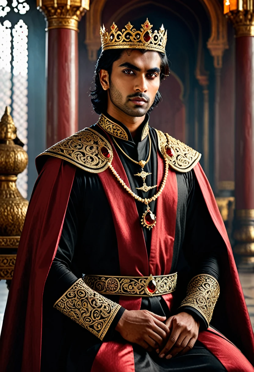 dark, mysterious and dramatic fantasy headshot of a young handsome south asian tyrannical ruler with glowing red eyes wearing black royal robes and ornate jewellery in a menacing dimly lit palace ((work of art)), ((best qualityer:1.2)), high resolution, 8k, (ultra_realisitic:1.3), (photorealisitic:1.4), cinematic, dynamic lighting, (detailed back ground), Depth of field, intrikate, 8k, skin detailed, (large pectorals:1), pectorals, abdomen, photo of a handsome man, Sexyroyalty, tails, jewerly, necklase, cape, bracelete, bracelet, ring, shorth hair, sitting in the throne, medieval castle indoors,
