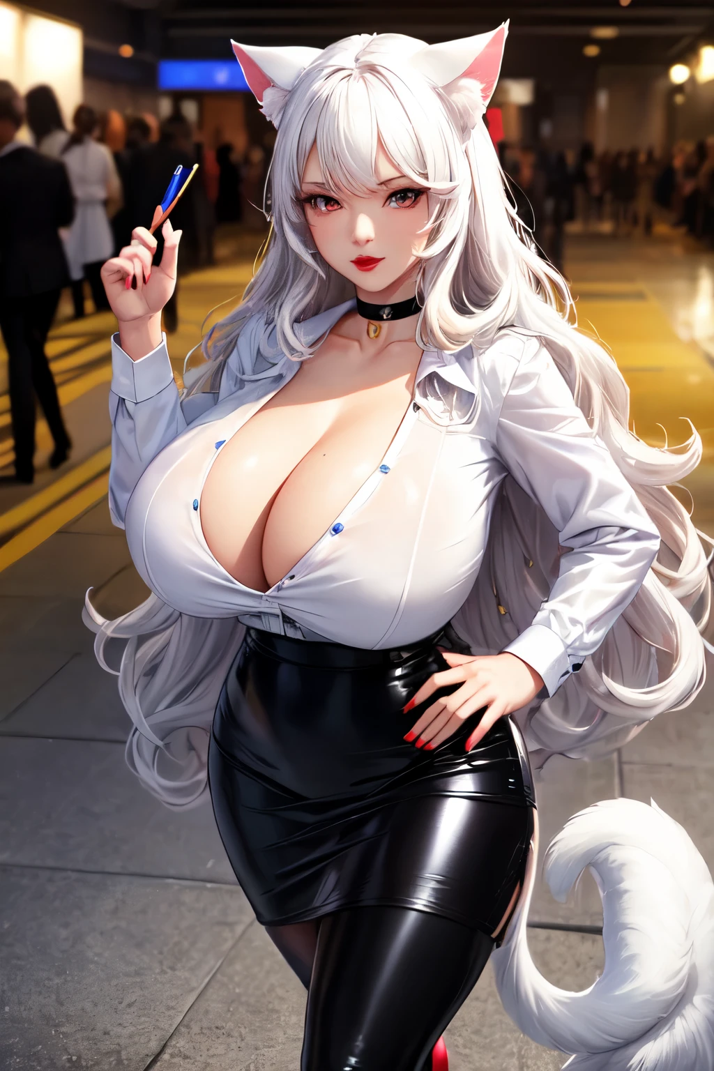 ((exceptional quality)), ((masterpiece)), (detailed), perfect face, perfect eyes, expressive eyes, long wavy white hair, white cat ears, gigantic breasts, thick thighs, red eyes, bratty, lips parted slightly, red lipstick, black choker, white button up blouse, cleavage visible, black latex pencil skirt, black high heels, celebrity, walking down red carpet