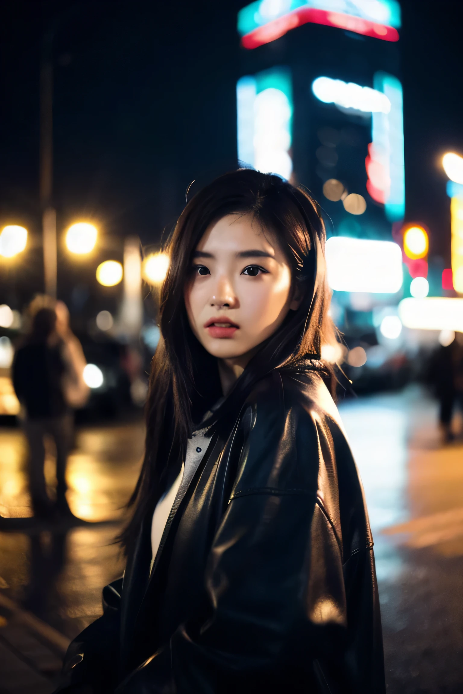 (Cinematic aesthetics:1.4) Bokeh city night photo of beautiful Korean fashion model