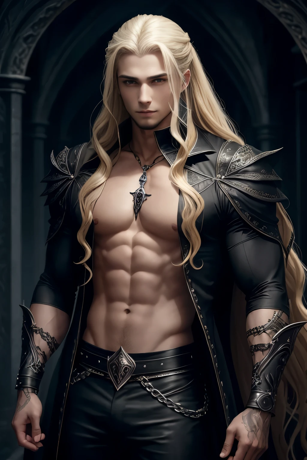 black fantasy, Mediovale, Gothic, vampyre, young guy, with long blonde hair, strong build, Open , High definition