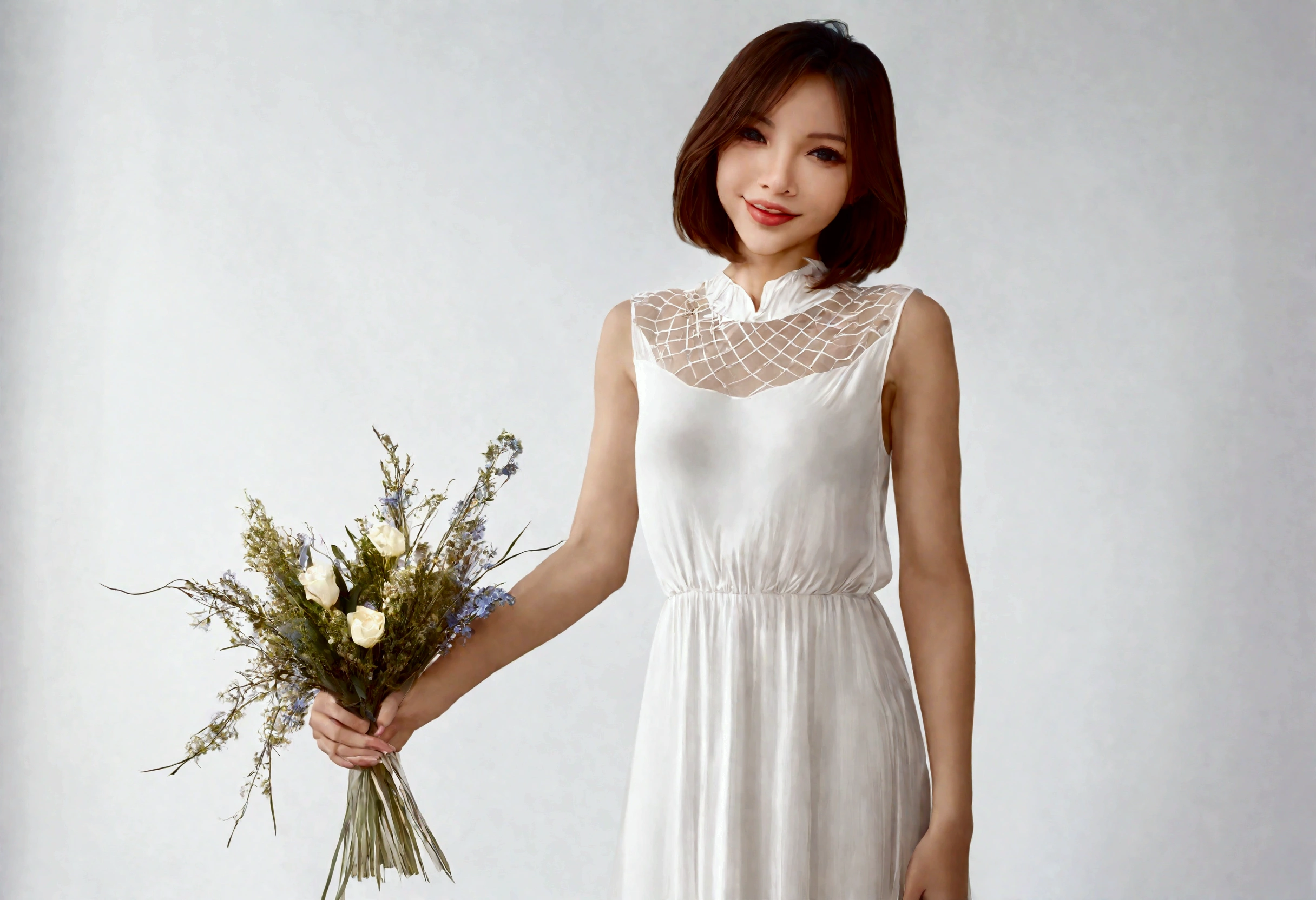 A lovely woman (simple sheer dress, joyous expression, pure love), posing near a flower vase, plain white room backdrop, well lit