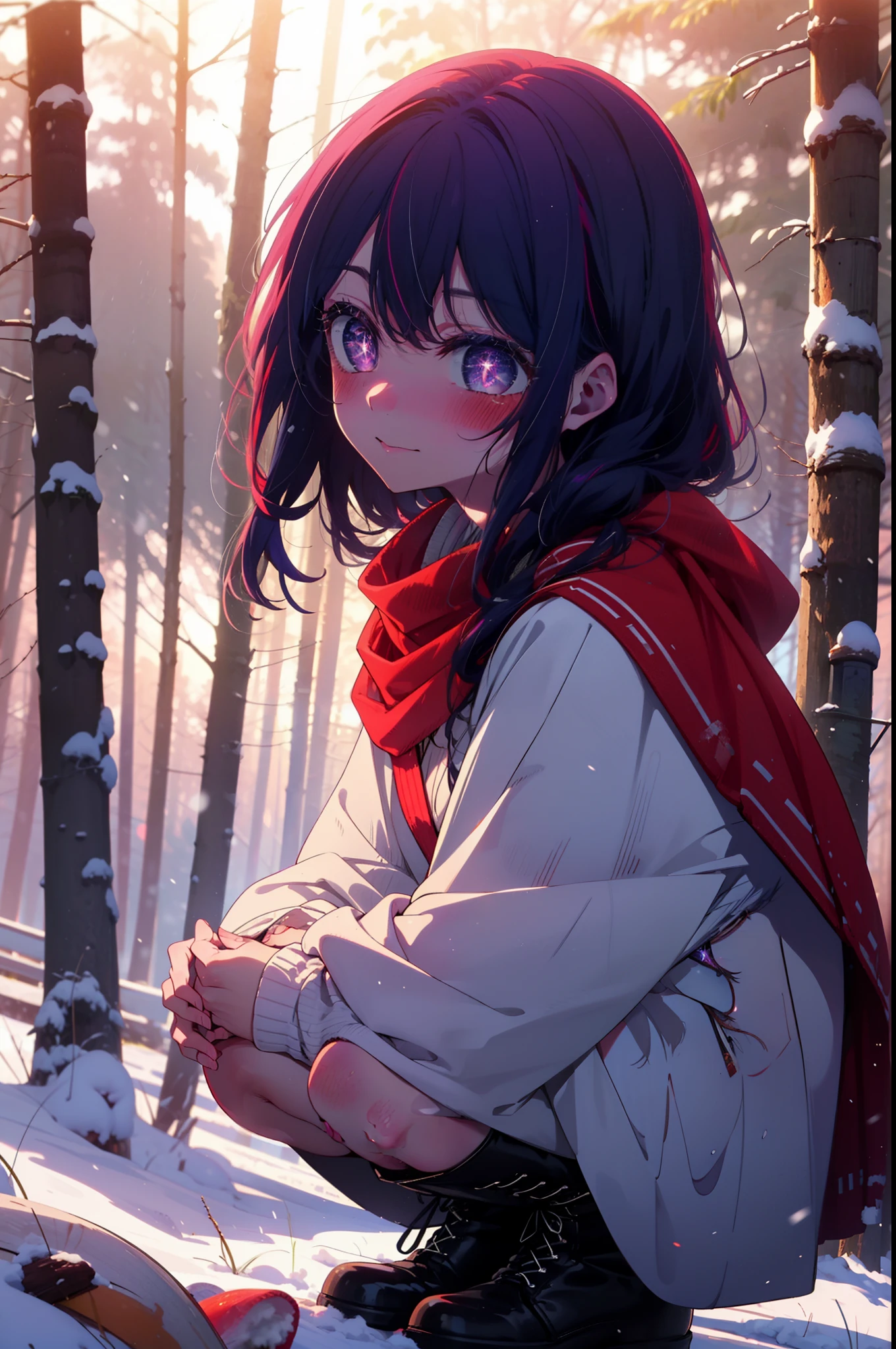 aihoshino, Ai Hoshino, Long Hair, bangs, (Purple eyes:1.1), Purple Hair, (Symbol-shaped pupil:1.5), smile,,smile,blush,white breath,
Open your mouth,snow,Ground bonfire, Outdoor, boots, snowing, From the side, wood, suitcase, Cape, Blurred, , forest, White handbag, nature,  Squat, Mouth closed, Cape, winter, Written boundary depth, Black shoes, red Cape break looking at viewer, Upper Body, whole body, break Outdoor, forest, nature, break (masterpiece:1.2), Highest quality, High resolution, unity 8k wallpaper, (shape:0.8), (Beautiful and beautiful eyes:1.6), Highly detailed face, Perfect lighting, Highly detailed CG, (Perfect hands, Perfect Anatomy),