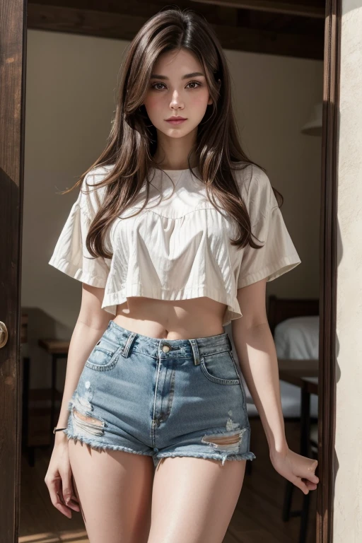 Beautiful brunette model wearing a short blouse and high waisted denim shorts showing her navel