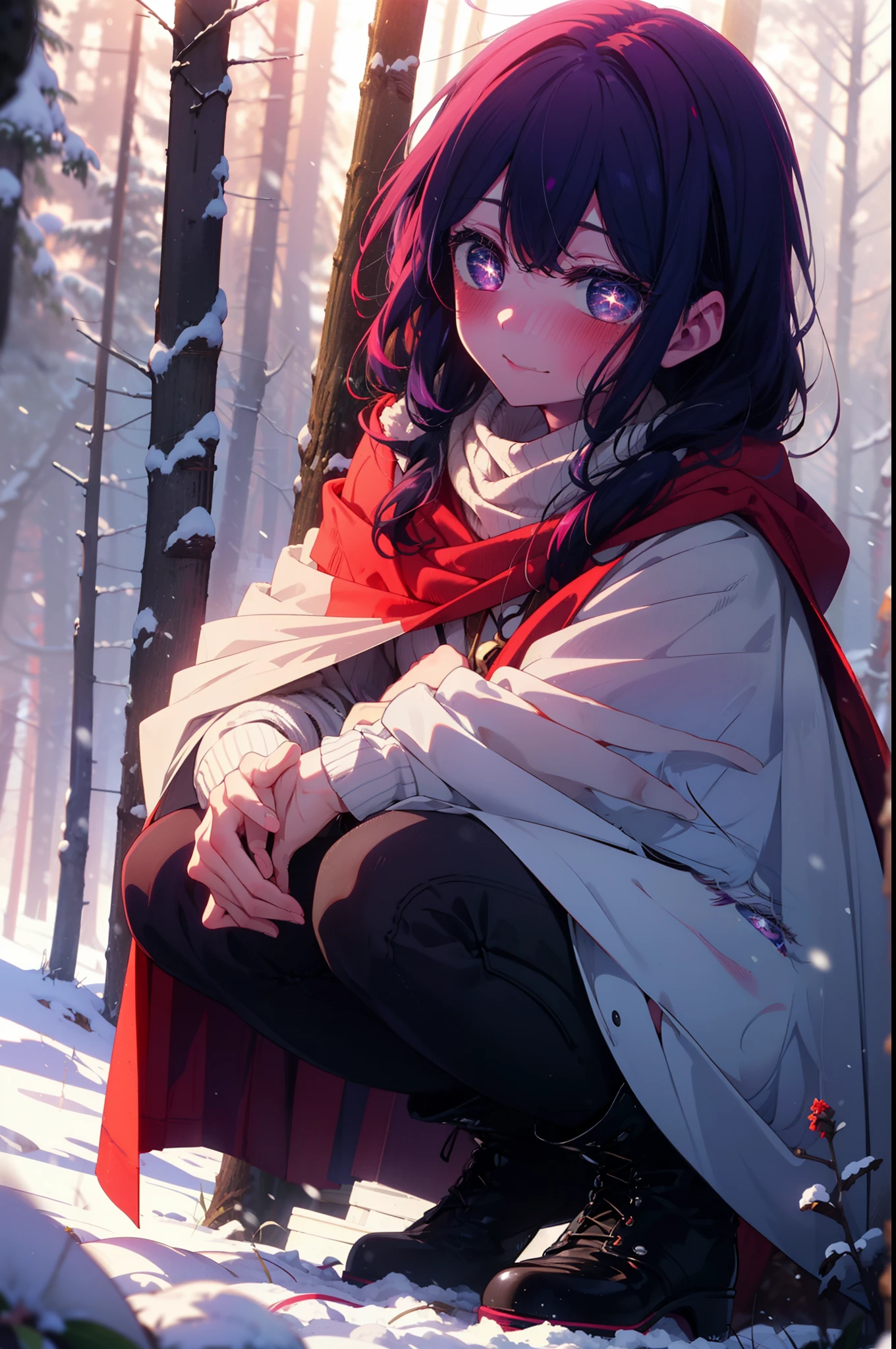 aihoshino, Ai Hoshino, Long Hair, bangs, (Purple eyes:1.1), Purple Hair, (Symbol-shaped pupil:1.5), smile,,smile,blush,white breath,
Open your mouth,snow,Ground bonfire, Outdoor, boots, snowing, From the side, wood, suitcase, Cape, Blurred, , forest, White handbag, nature, Squat, Mouth closed, Cape, winter, Written boundary depth, Black shoes, red Cape break looking at viewer, Upper Body, whole body, break Outdoor, forest, nature, break (masterpiece:1.2), Highest quality, High resolution, unity 8k wallpaper, (shape:0.8), (Beautiful and beautiful eyes:1.6), Highly detailed face, Perfect lighting, Highly detailed CG, (Perfect hands, Perfect Anatomy),