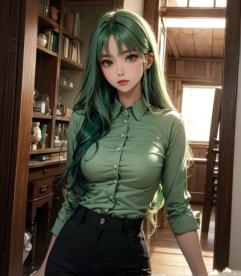 Woman with long hair straight, (pine-green hair color), high detailed, realistic, ultra realistic, ((pine-green shirt)) and black skinny long pant,
