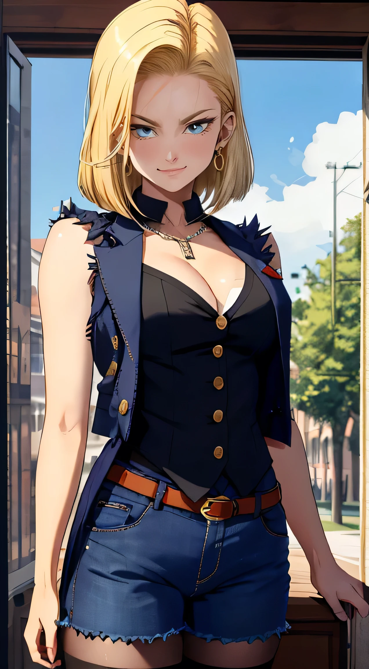 Masterpiece artwork， Best quality at best， ultra details， absurderes， Beautiful portrait Android18DB， only， ear nipple ring， (Bikini:1.5)，dress badly，jewerly， (Shoulder to shoulder suit:1.5)，neckleace， fully body，he used to smile， thongs， vests， clouds， Celestial sky， days days， exteriors，Super jean shortsbest quality， Masterpiece artwork， details Intricate， Tone-mapping， sharp focus， ultra details， Artstati is the trend，lips, face perfect, blush, mistress, Breasts huge, perfects eyes, Room, lingerie, love-preta league, blackstockings,