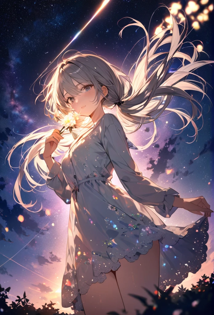 Highest quality　masterpiece　High resolution　Masterpiece Gray Eyes　Low twin tails、casual summer outfit　、flowerpunk、Sparkling light particles、Vivid gradient effect