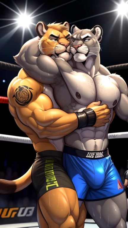 Duo male(Cougar vs Gray Cougar, handsomes, handsome hairstyle, tails, Thick eyebrows, detailed face), gay(Clinch embraced, forehead to forehead, body with body, on a UFC match), hot(Shirtless), handsomes(They are handsomes, correct anatomy), musculosos(Big muscle bodies, Six packs, muscle abs, big pecs, muscle backs, muscle legs), sweaty(very sweaty wet bodies, shiny sweat), tatuajes(they have tattoos), grumpy(Both have an grumpy expression, grumpy teeths, steaming breath), UFC gloves(They both are wearing UFC gloves), UFC boxers(they both are wearing ufc boxers), Hight resolution, Black background, by(Zourik:1.1)